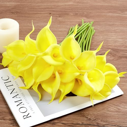 Artificial Calla Lily 12Pcs Yellow Real Touch Faux Flowers for Wedding Bouquet, Bride Bridal Shower, Spring Home Kitchen Table Decor, Fake Lilies for Centerpieces, Party Decorations - color: Yellow