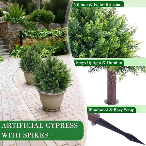 24.8'' Artificial Cedar Topiary Ball Trees, Set of 2 Fake Cypress Bushes Shrubs with Spikes UV Resistant Evergreen Faux Cypress Tree Plants for Planters Front Porch Outside Spring Garden Decor - color: 24" Cypress