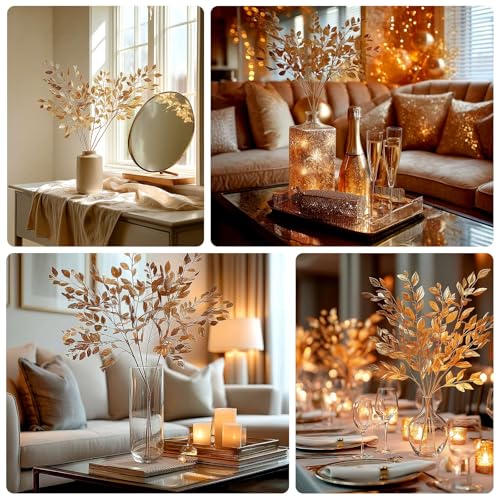 Efavormart 4 Pack 33 inch Metallic Gold Artificial Italian Ruscus Leaves Stems, Tall Plastic Greenery Branches for Stately Vase Fillers and Floral Centerpieces - color: Type12
