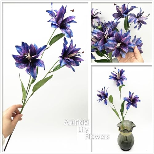 Artificial Lily Flowers, Vintage Fake Silk Flower Long Stems 4 Pack, Faux Stargazer Lilies Real Touch Tiger Bouquets for Indoor Outdoor Decor Wedding Party Floral Arrangement DIY Decorations - Purple - color: Lily Silk Flowers / Purple 4 Pack