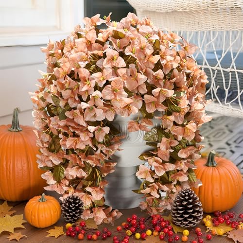 Bougainvillea Artificial Flowers Plants for Outdoors Outside Fall Autumn Decoration, 2 pcs Faux Silk Long Trailing Vines UV Resistant Look Real Brown Fake Flowers for Front Door Porch Planter Urn Yard - color: Fall Brown
