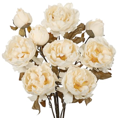 Briful Artificial Peony Flowers Bouquet 3PCS 27.5in Tall Beige Vintage Silk Peony Floral Stems Realistic Fake Peonies Branches for Rustic Home Wedding Vase Centerpieces Arrangements Decor - color: Beige