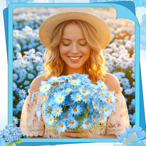 Giegxin 100 Pcs Artificial Daisy Flowers Bulk Realistic Fake Daisies Faux Wildflower Daisy UV Resistant Silk Fake Flowers Plants for Outside Wedding Garden Home Table Decor (Blue) - color: Blue