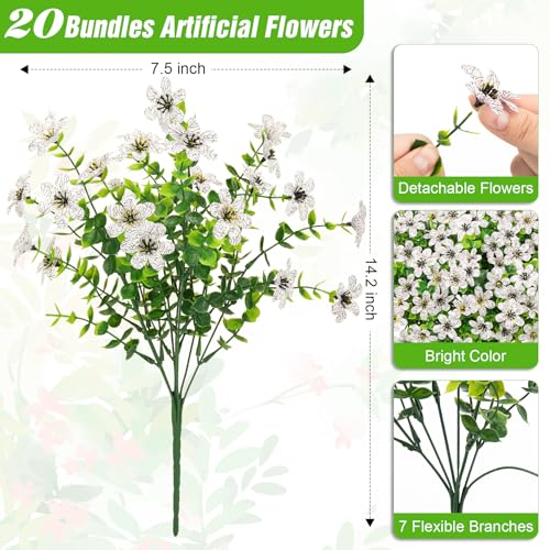 Bassion 20 Bundles Artificial Flowers for Outdoors Decorations, UV Resistant Faux Plants Fake Silk Flowers for Outside Daisy Hanging Planters Window Box Front Door Porch Patio Yard Home Decor - color: White