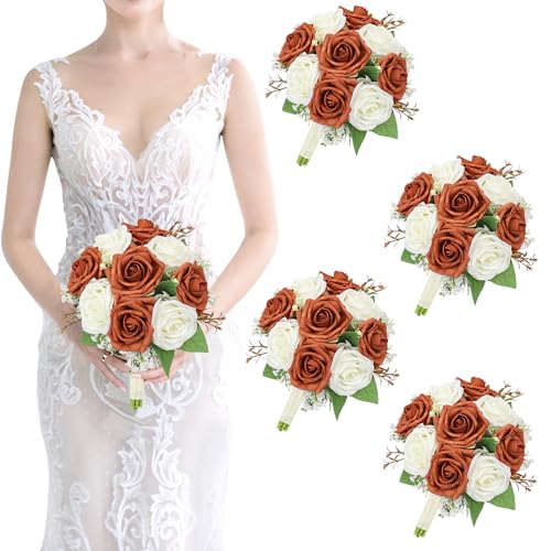 Artificial Bridesmaid Bouquets Set of 4 - Wedding Bouquet Burnt Orange Rose White Babys Breath 7 Inch Flower Bride Bouquet for Wedding Bridal Shower Centerpiece Ceremony Anniversary Fall Decorations - color: Orange & White, size: Set of 4 Bridesmaid Bouqu