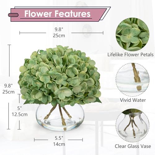 Hollyone Dark Green Hydrangea Artificial Flowers with Glass Vase Silk Faux Flowers Arrangements in Vase with Faux Water Fake Floral Bulk Bouquet for Home Decor Table Centerpiece Decorations - color: Hydrangea, Dark Green