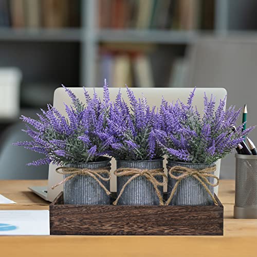 Set of 3 Small Potted Plants Arrangement Artificial Lavender Flower Plants in Rustic Galvanized Metal Pots with Decorative Wood Tray for Farmhouse Table Centerpiece Windowsill Country Indoor Decor