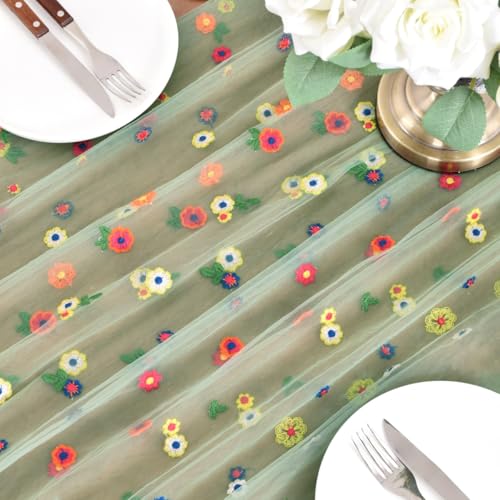 Joanlody 3pcs Sage Green Embroidery Daisy Spring Summer Table Runner Florals Seasonal Tulle Table Runner for Home Garden Tea Party Holiday Birthday Decoration - color: Sage Green, size: 10ft x 3pack