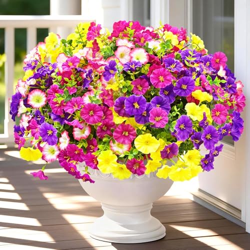 Artificial Flowers for Outdoors, 14 Bundles Fake Outdoor Flowers, UV Resistant Artificial Outdoor Plants & Flowers for Decoration, Colorful Morning Glory for Garden Porch Yard Patio, Mixed Color B - color: Purple, Fuchsia, Pink & Yellow, size: 14 Bundles