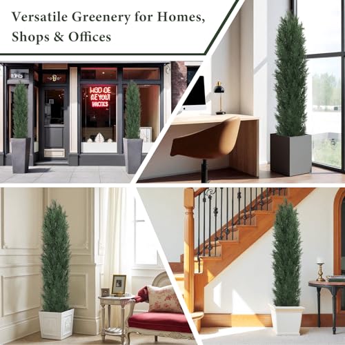 THE BLOOM TIMES 6ft Large Topiary Trees Artificial Outdoor Set of 2, UV Resistant Faux Cedar Pine Cypress Bushes & Shrubs, Fake Plants for Front Porch Outside Planter Patio Decor 6 Foot Tall - color: Dark Green Cedar Trees, size: 6 Foot
