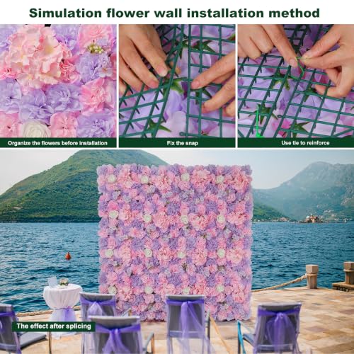 Flower Wall Backdrop12 pcs 16.5x16.5 Inch Floral Wall Panel Artificial Silk Rose Wall Decor Ideal for Wedding Celebrations, Festive Party Backdrops, and Home Decor-Pink and Purple - color: Pink and Purple, size: 16.5inch