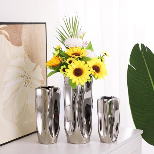 Wave Ceramic Vase - Modern Silver Shiny Finish, Pentagon Shape for Dried Flower Arrangement for Living Room Bedroom Office Decor, Large, 11" H - size: Large, 11.2 inch