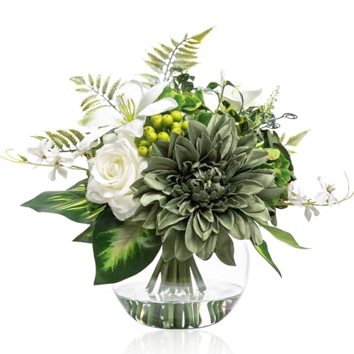 Artificial Flowers in Vase with Fake Water, Silk Rose Dahlia Lily Flowers Bouquet with Glass Vase for Home Birthday Party Wedding Dinning Table Office Hotel Decor Gift (Green & White Mixed) - color: Green & White Mixed