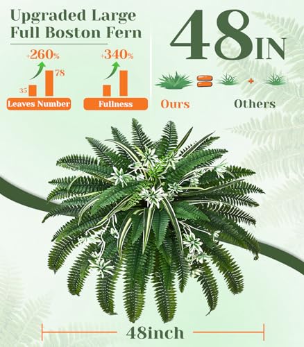 Livole 2 Pcs 48" Fake Ferns, Artificial Ferns for Outdoors Large Faux Boston Fern with 78 Branches Realistic UV Resistant for Planter Indoor Home Garden Porch Hanging Decor - size: 48"-78 Branches-2 Pcs