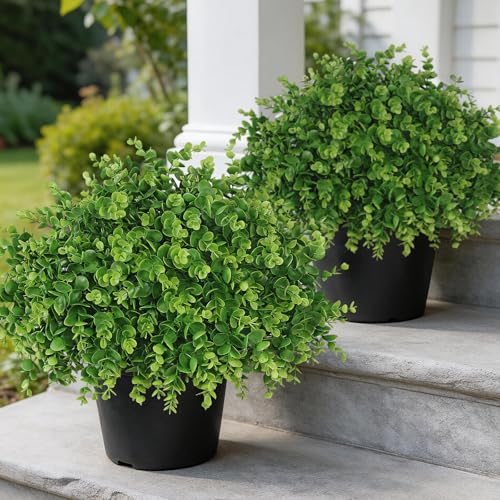 2 Set Soft Textured Artificial Eucalyptus Topiary Trees for Outdoor Decor - 16" Faux Eucalyptus Potted Plant, Fake Greenery Shrubs in Black Pot for Front Door Porch Farmhouse Shower Home Decor