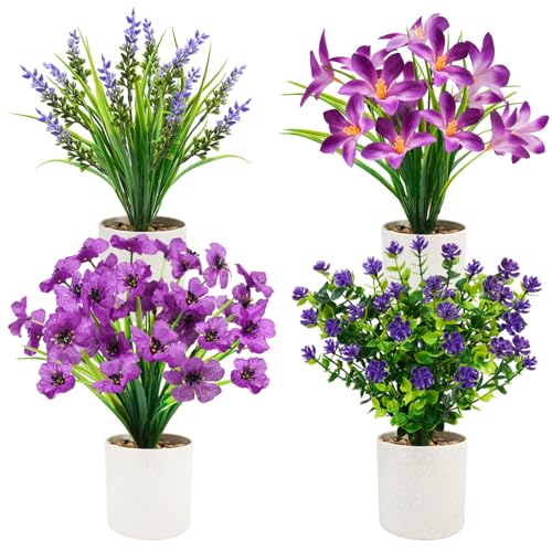 4 Pack Artificial Flowers in Pots, Mini Fake Potted Plants Small Faux Flowers for Indoor Decor, Purple Spring Tabletop Centerpieces for Bathroom Office Desk Shelf - color: Purple, size: 4 Pcs
