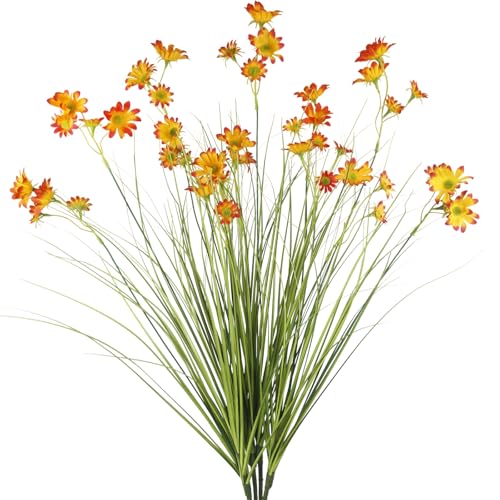 4 Pcs Artificial Plants Onion Grass Outdoor 37" Fake Tall Grass with Daisy Wildflowers Orange Artificial Wheat Grass Faux Shrubs Bush Greenery Stems for Indoor Garden Outside Office Home Decor - color: 4 Pcs-orange Flowers