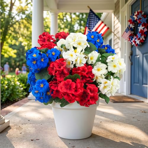 Hananona 12 Pcs Artificial Geranium Flowers for Outdoors Geranium Silk Red White Blue Flowers Outdoor UV Resistant Plants Faux Patriotic Flowers for 4th of July Home Decor (12, RedWhiteBlue) - color: Redwhiteblue