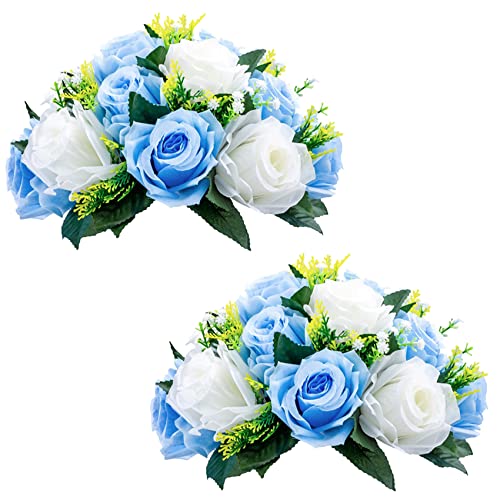 NUPTIO Flower Balls for Table Centerpieces: Blue White Fake Flowers | 2 Pcs Artificial Rose Bouquet Arrangements for Wedding Birthday Party Quinceanera Decor - color: Blue & White, size: 2 Pcs