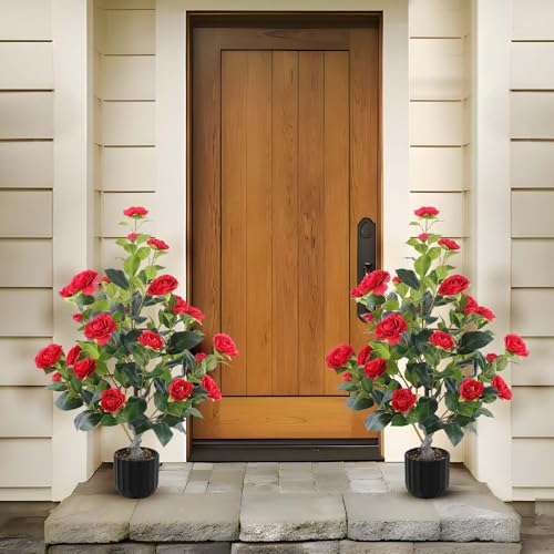 Hananona 2 Pcs Artificial Camellia Trees Faux Camellia Plant in Pot with Flowers Indoor Plants for Spring Home Decor Outdoor Porch Front Door Decor (Red, M) - color: Red