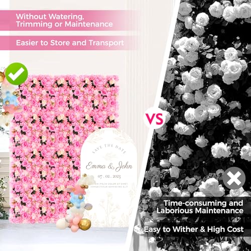 12 Pcs Flower Wall Panel Floral Backdrop, Artificial Flower Wall Backdrop Faux Flower Panel, 23.62x15.74in Silk Rose Walls for Wedding, Party, Nursery, Home Decor - color: Pink