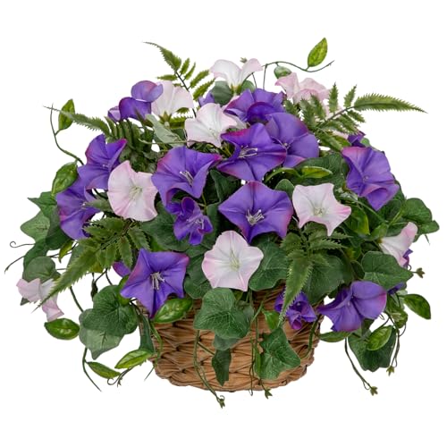 Briful Artificial Flower Arrangement with Rattan Basket Fake Potted Morning Glory Silk Flowers Faux Flower Table Centerpiece for Home Office Bathroom Wedding Farmhouse Decor(Pale Purple) - color: Pale Purple