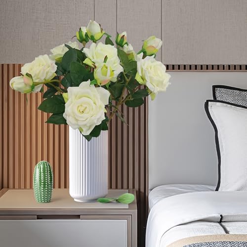 ATFL Ivory White Flowers, Ivory Roses,6 Pcs Faux Silk Real Touch Moisturizing Artificial Rose Flowers for Decoration DIY, Wedding Party, Home Office Decoration and Dining Table Centerpiece (6, White) - color: White