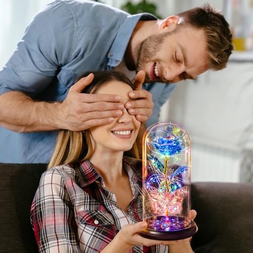 Pusuny Mothers Day Flowers Gifts for Mom Women Birthday Gift Galaxy Glass Rose Eternal Crystal Flowers Rose in Glass Dome with Butterfly Mother's Day Roses Gifts for Mom Daughter Wife Grandma Blue - color: C Blue