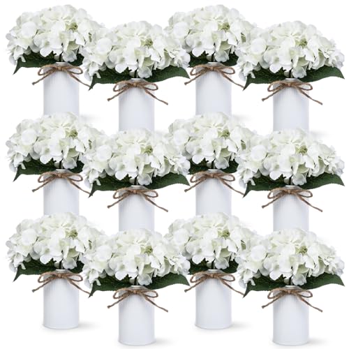 Zeyune White 12 Sets Wedding Flower Table Centerpieces Artificial Hydrangeas with Rustic Metal Vase Fake Hydrangea Flowers in Pot Floral Arrangement for Wedding Bridal Tea Party Table Home Decor - color: White