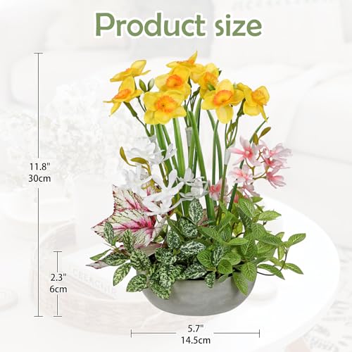 Flower Centerpieces 11.8" Artificial Plants & Flowers in Pot Mixed Artificial Daffodils with Pink Flowers Green Plant, Realistic Farmhouse Flowers Arrangements for Table Office Desk Kitchen Home Decor - color: Yellow