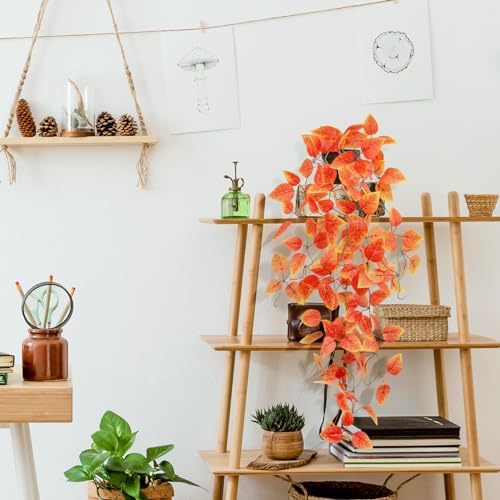 Fake Fall Plants Hanging Faux Orange Vines Artificial Potted Pothos Plant- Fall Decorations Autumn Decor for Thanksgiving Bathroom Wall Kitchen Room Decor Indoor and Outdoor (Black Pot) - color: Fall Pothos