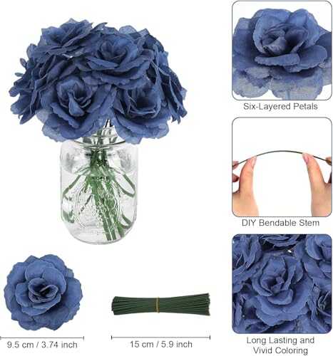 LELEE 108 Pcs Artificial Flowers Fake Silk Roses Long Stem Rose Bouquet Wedding Party Home Decor for DIY Baby Shower Centerpieces Tables Home Decorations(Navy Blue) - color: Navy Blue