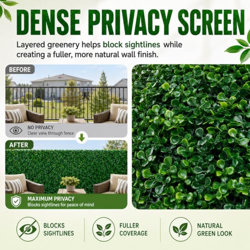Juexica 24 Pcs Artificial Boxwood Hedge Panels 24" x 16", UV Protected Faux Greenery Wall for Privacy Screen Backdrop Wedding Bridal Shower Birthday Party Patio Fence Decor(16 x 24,24 Pcs) - size: 16 x 24"