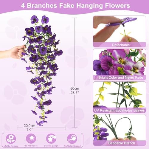 Fake Artificial Flowers for Outdoors, 4 Pcs Faux Hanging Pansy Flowers Spring Summer Decor, UV Resistant No Fade Fake Plants Silk Flower for Planter Front Door Porch Patio Yard Garden(Mixd Purple) - color: Mixd Purple