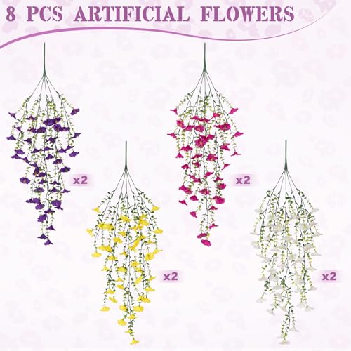 Artificial Hanging Petunias Flowers for Outdoor, 8pcs Fake Plants Long Vine Morning Glory Eucalyptus, UV Resistant Realistic Faux Greenery Outside Patio Porch Garden Spring Summer Decor, Mix Color - color: Purple Yellow White