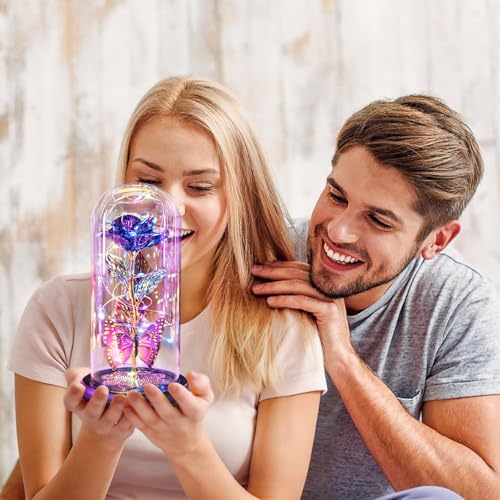 Mothers Day Mom Gifts for Mom Women Birthday Gift Galaxy Glass Rose in Glass Dome Forever Eternal Crystal Flowers with Butterfly Mother's Day Flower Gifts for Women Wife Grandma Daughter Sister Purple - color: A Purple
