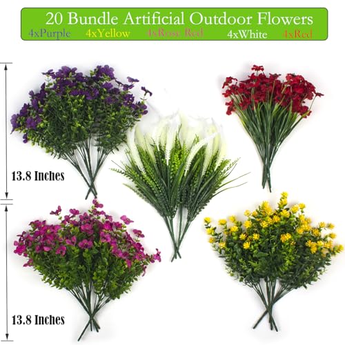 Lifelike Artificial Flowers Outdoor UV Resistant, 20-Pack Weatherproof Fade-Resistant Fake Hanging Plants for Garden Porch Decor - Realistic Mixed Colors in Hanging Baskets (Outdoor Use Verified) - color: Mix