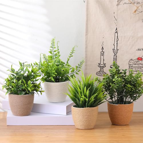Suncalla 4 Pcs Boho Woven Artificial Plants, 8.7" Small Faux Eucalyptus in Woven Planters, Waterproof Fake Potted Greenery for Farmhouse Bathroom Home Office Shelf Decor