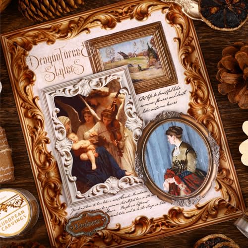 6 Rolls Vintage European PET Border Tape with Clip, Baroque Carved Look Peel and Stick Decorative Trim for Scrapbook Journal Collage Planner Crafts - color: European Carving