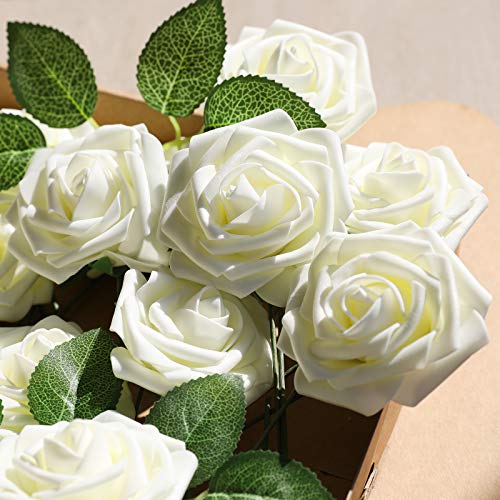 AmyHomie Artificial Flower Ivory Rose 25pcs Real Looking Fake Roses w/Stem for DIY Wedding Bouquets Centerpieces Arrangements Party Baby Shower Valentines Day Christmas Tree Decorations - color: Ivory