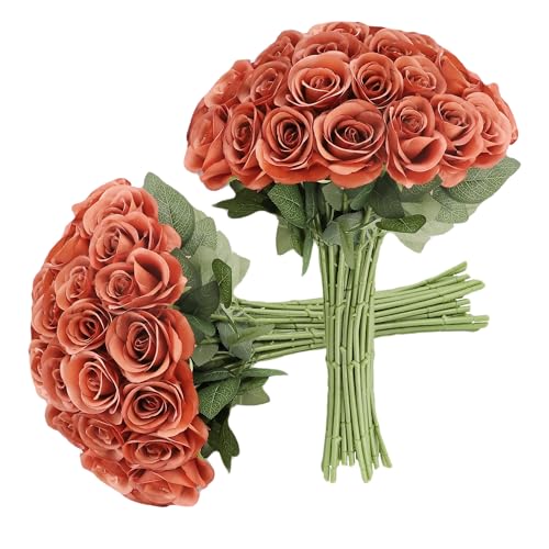 JUSMAI 30pcs Roses Artificial Flowers Burnt Orange Fake Roses Flowers with Long Stems Silk Flowers for Wedding Bouquet Centerpices Decorations Party Bridal Baby Shower Home Decor - color: Burnt Orange, size: 30PCS