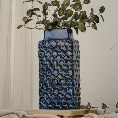 Ceramic Flower Vase, 12.6” Tall Vintage Blue Pottery Vase for Home Decor, Rustic Textured Vase for Pampas Grass, Living Room, Entryway, Mantel, Kitchen Table - color: 303-blue