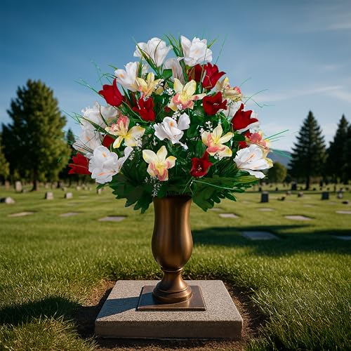 Sympathy Silks Artificial Cemetery Flowers - Grave Decoration - Red Tulips and White Iris (1) Bouquet - color: Red/White, size: (1) Bouquet