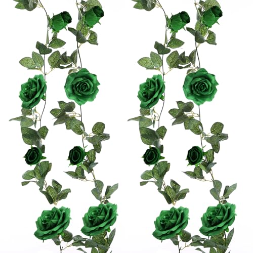 Felice Arts 2 Pack Green Artificial Flower Garland, Each 6.5FT Fake Rose Floral Garland, Hanging Rose Vines Spring Garland for Wedding St.Patrick's Day Swing Table Home Party Decor - color: Green