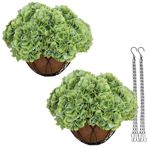 bellacat Real Touch Faux Hydrangea Flowers with 11" Hanging Basket, Fake Hanging Hydrangea Flowers with Realistic Flowers, Artificial Hanging Flowers for Outdoors Porch Patio Balcony (Green, 2Pack) - color: Green