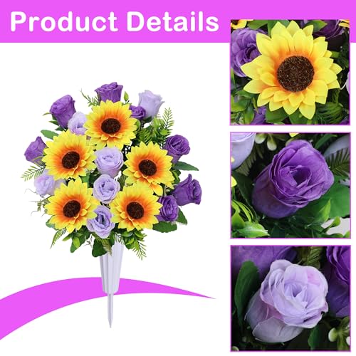 Lodou Artificial Cemetery Flowers for Grave,Set of 2 Artificial Rose Sunflower Bouquet Graveyard Memorial Flowers for Outdoor Grave Decorations ﻿ (Purple) - color: Purple