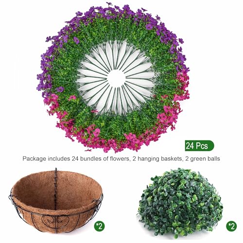 HyeFlora 2 Set Artificial Outdoor Flowers Hanging Basket, Faux Hanging Plants for Outside Spring Decoration, Fake Silk UV Resistant Look Real Daisy for Porch Patio Home Decor - color: Purple&rose Red