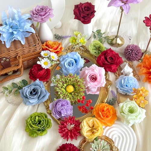 Colorful Artificial Flowers Combo Box Set Rainbow Silk Roses with Stems Sunflower DIY Bridal Wedding Bouquets Cake Fake Floral Arrangements Baby Shower Party Table Centerpieces Home Decor Bulks - color: Rainbow, Colorful