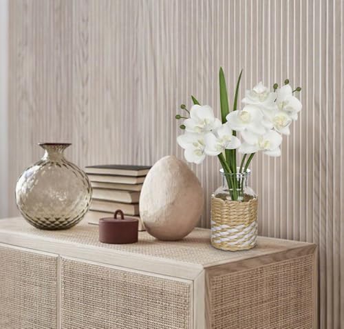 Oairse White Orchids Artificial Flowers with Vase, Small Faux Orchid Arrangement Fake Flower in Woven Glass Vase Small White Centerpieces for Kitchen Dining Room Tables Bathroom Nightstand Decor - color: White # Clear