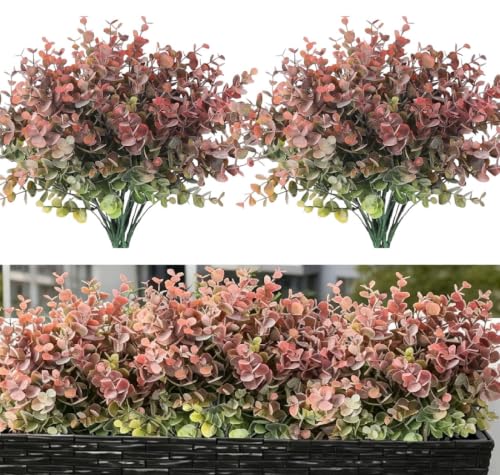 8 Bundles Multi Colored Artificial Eucalyptus Leaves, Plastic Plants, Outdoor Plants, Indoor Decorative Artificial Plants, Porch Window Frames, Green Plant Decorations (8, Grey Red) - color: Grey Red